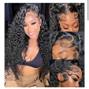 Human Hair Wig 16 inch 13x6 Lace Front Water Wave Natural Black Pre Plucked